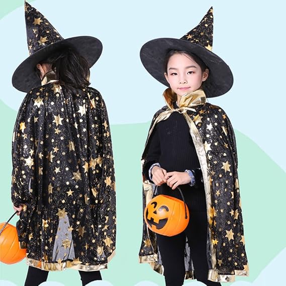 Costum de vrajitor/vrajitoare carnaval Halloween, Zola, pelerina si palarie, marimea 115-125 cm Costum de vrajitor/vrajitoare carnaval Halloween, Zola, pelerina si palarie, marimea 115-125 cm